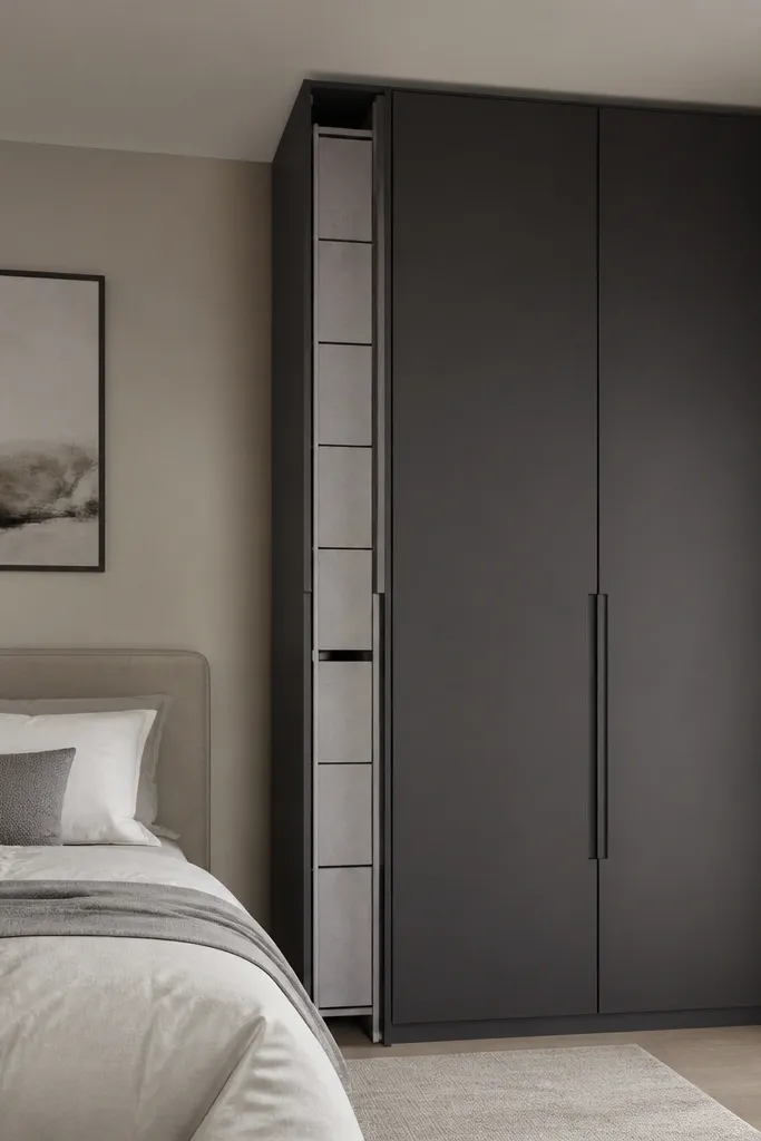 A tall wardrobe positioned next to the bed, with a narrow pull-out drawer strip on the side facing the bed. The wardrobe exterior is matte charcoal; the pull-out strip has a lighter grey finish.