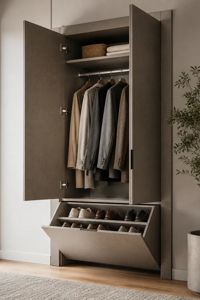 A wardrobe with textured taupe laminate doors and a lower section that lifts open like a shoe cabinet. Inside, shoes are arranged in angled slots; the upper part has hanging space with a simple shelf.