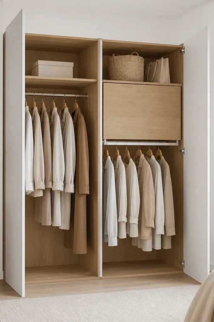 A two-column wardrobe in white and light oak. One column has full-height hanging, and the other has a pull-down rail with a high shelf above; the rail handle is hidden behind a panel.
