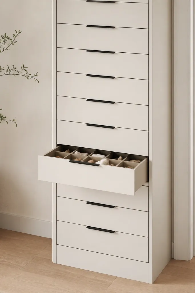 A slim wardrobe unit with narrow drawer fronts stacked vertically. Inside each drawer there are vertical dividers like small compartments; the exterior is matte cream with thin black handles.