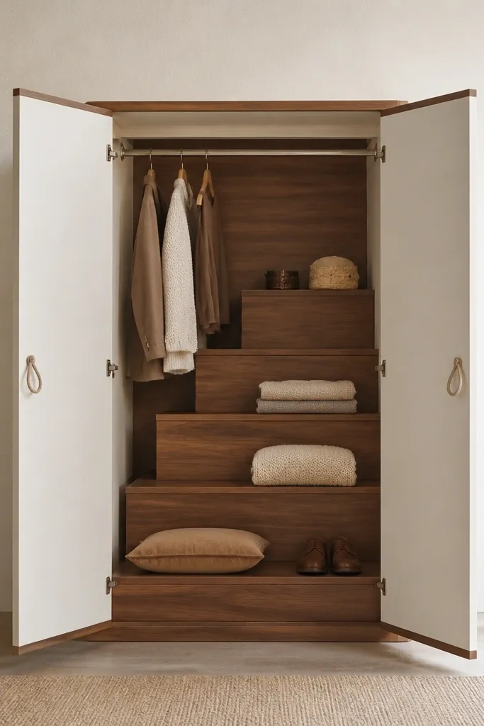 A wardrobe with openable doors and visible shelf layers inside. The shelves are designed as step-like layers, and door handles look like small rope loops in natural color. Exterior is warm white with walnut trim.