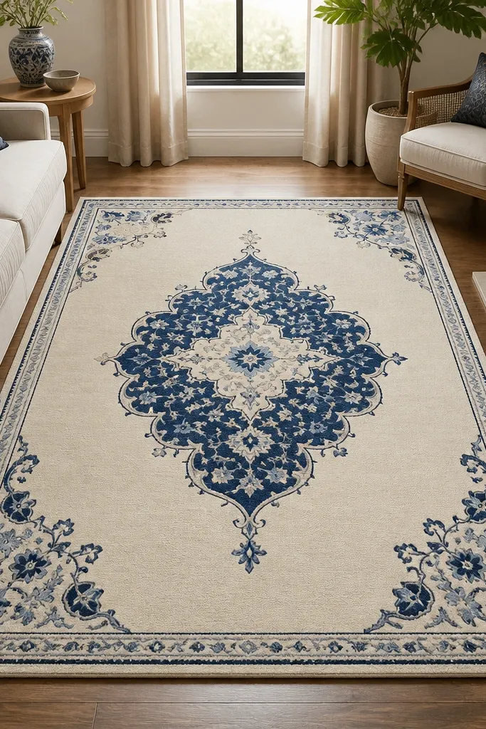 A cream rug with a central cobalt-blue medallion, thin navy outlines, and small corner motifs in matching blues; the pattern looks symmetrical and crisp.