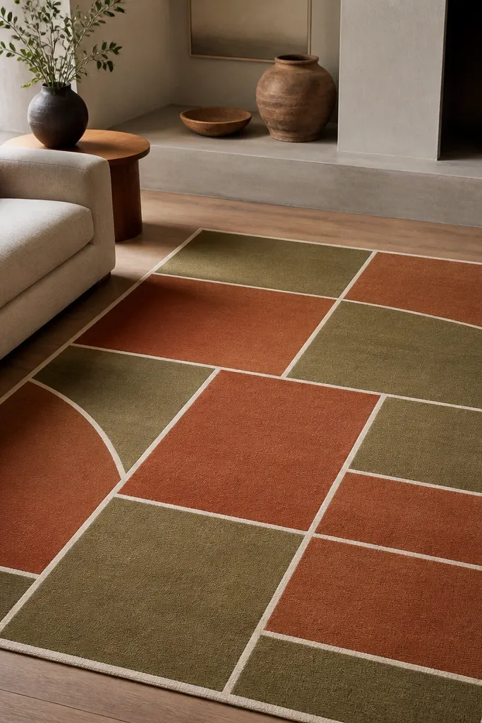 A rug with terracotta and muted olive geometric blocks in a grid-like layout, with thin cream lines separating each shape.