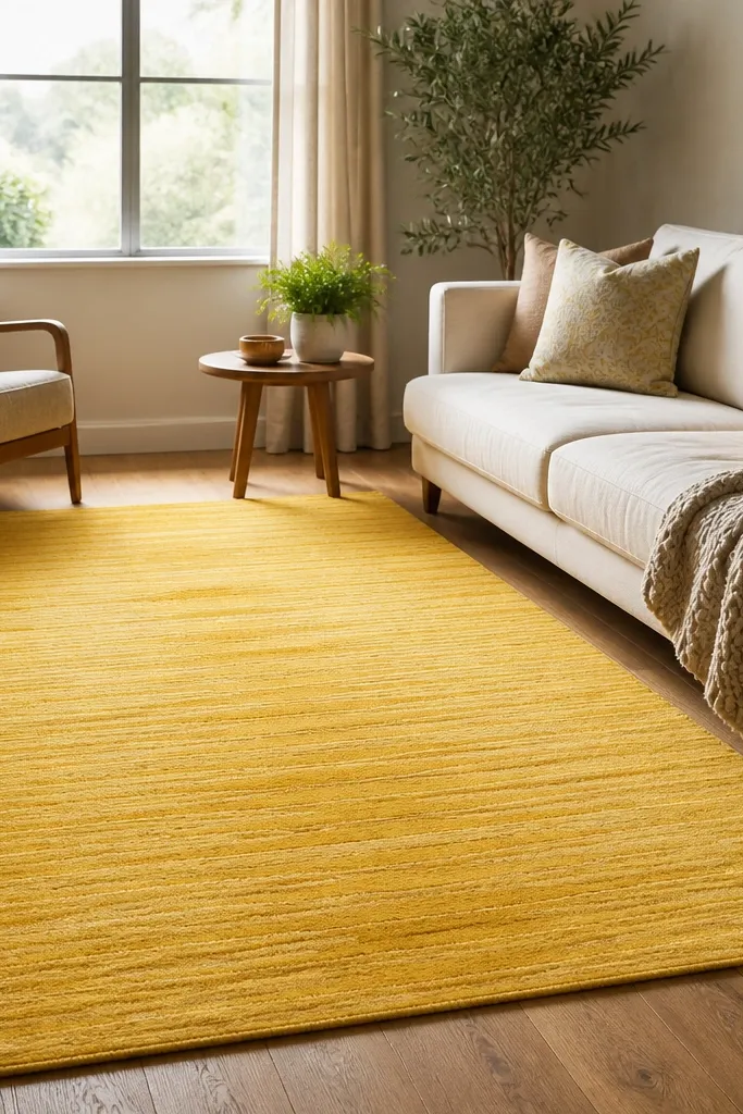A bright sunflower-yellow rug placed in a living room so that it runs lengthwise, with a low-contrast pattern that looks like subtle stripes.