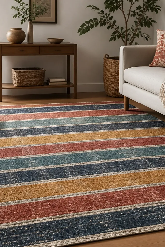 A rug with horizontal stripes in navy, teal, red, and mustard, spaced evenly, with a slightly distressed look.