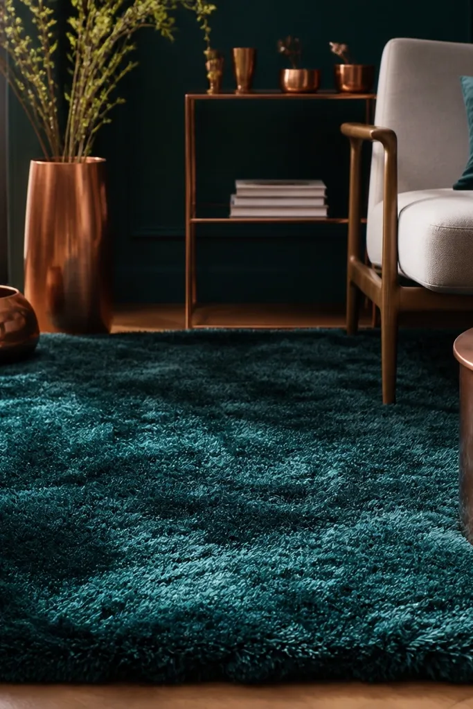 A deep teal shag rug with thick pile, paired visually with copper-toned decor; the rug looks plush and catches light in soft highlights.