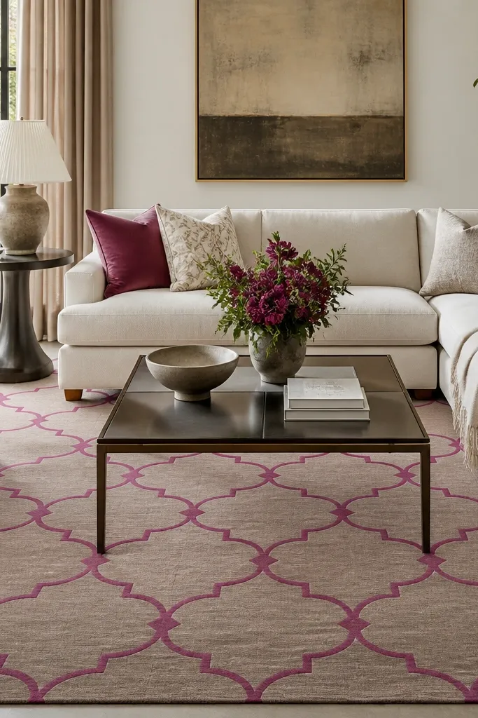 A taupe rug with repeating magenta trellis arches and small diamond accents, laid out so the pattern aligns under the coffee table.
