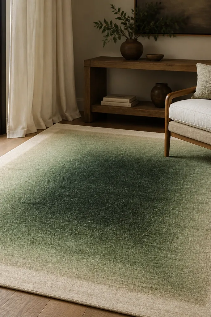 An off-white bordered rug with a gradient fade from deep forest green in the center to lighter green at the edges.