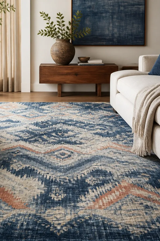 A rug showing indigo wave-like ikat patterns with soft accents in light blue, cream, and muted coral, with a slightly washed look.