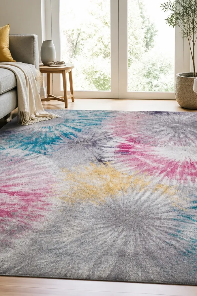 A gray-based rug with tie-dye-like colored panels in pink, teal, yellow, and purple, blended in circular swirls.