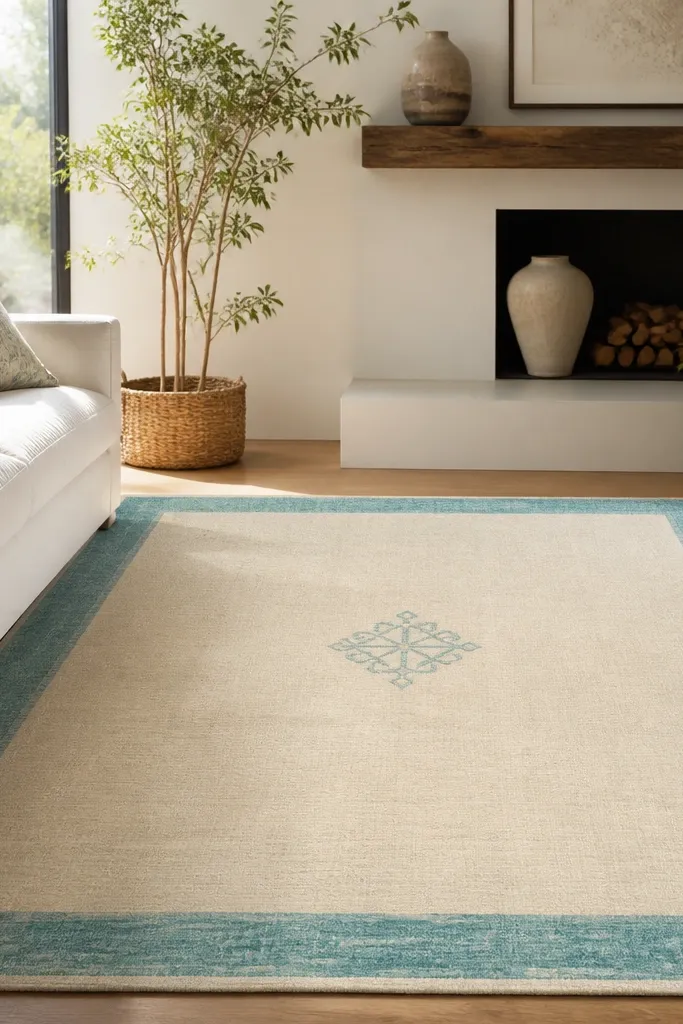 A cream rug with a bold aqua border running around the edges, with a minimal central pattern.