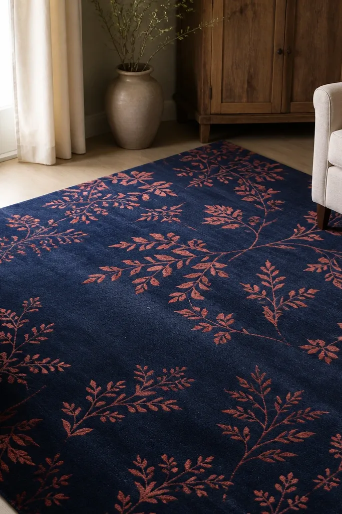 A rug with a navy base and coral botanical sprigs and leaves scattered in a loose pattern.
