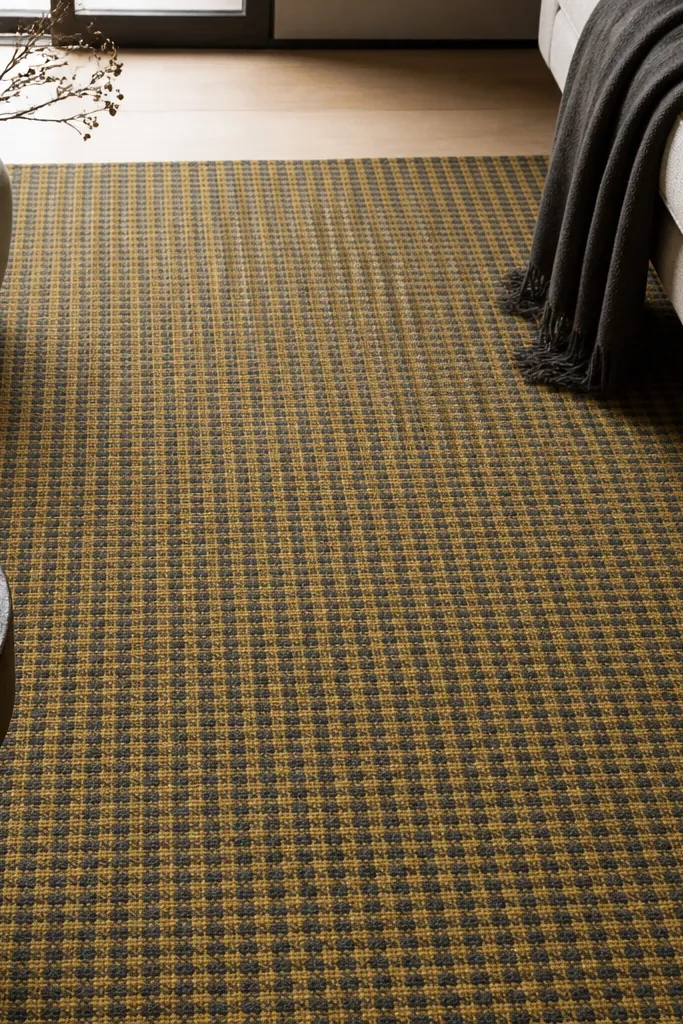 A rug with a tight micro-check pattern in mustard yellow and charcoal gray, evenly spaced and slightly textured.