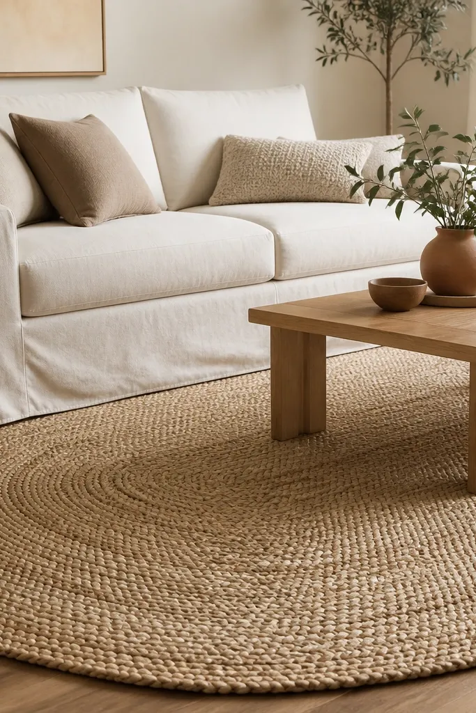 A warm oat-colored braided rug layered as the main rug in front of a cream slipcovered sofa and light wood coffee table. The braid texture is visible with tight, even loops and subtle tonal shading.