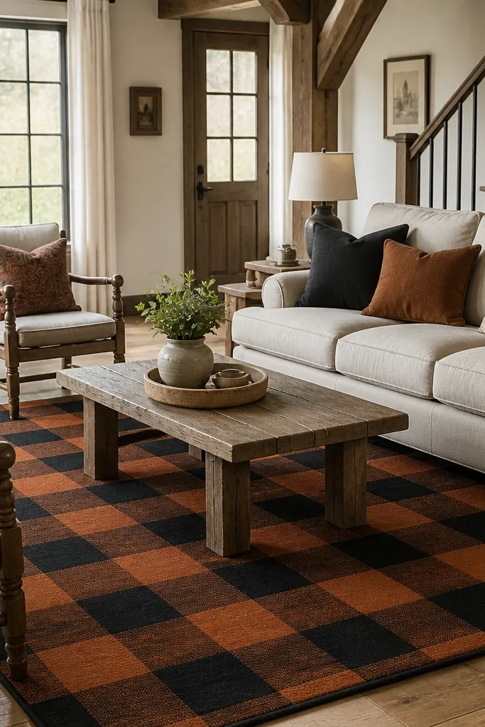 A farmhouse living room with a black-and-rust buffalo check rug. The rug covers the seating area under a light beige sofa and wood chairs, with check squares that are medium-sized and evenly spaced.