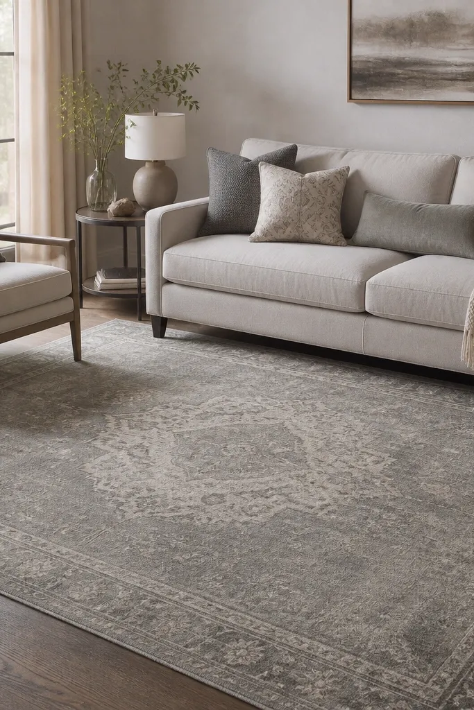 A weathered gray medallion-pattern rug in the living room, shown beneath a sofa and accent chair. The medallion is faded and tonal, with a soft border and subtle cream highlights.