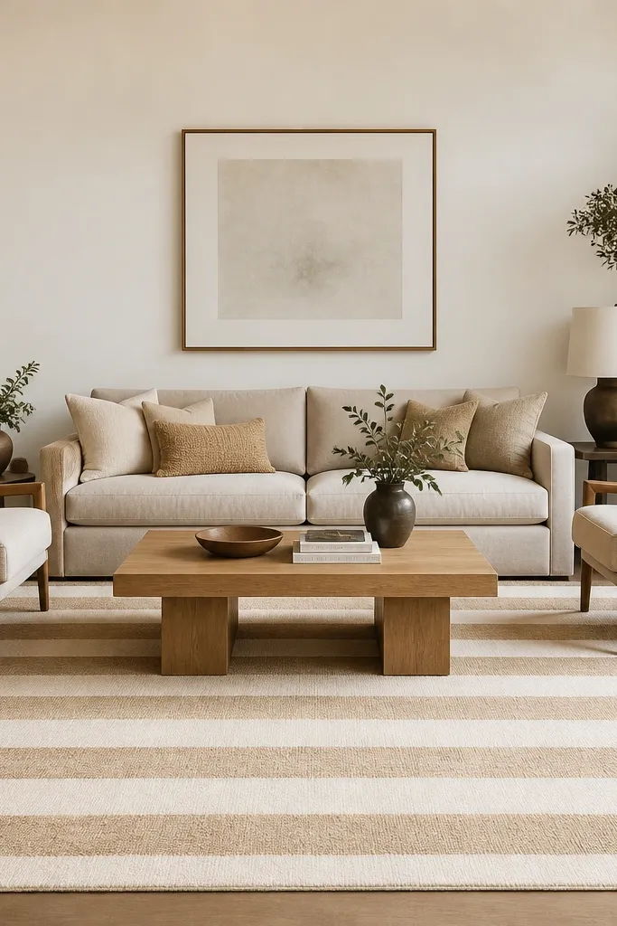 A cream and warm tan striped rug spread across a living room, with stripes running horizontally. A light wood coffee table sits centered on the rug, and a sofa faces forward with two chairs on either side.