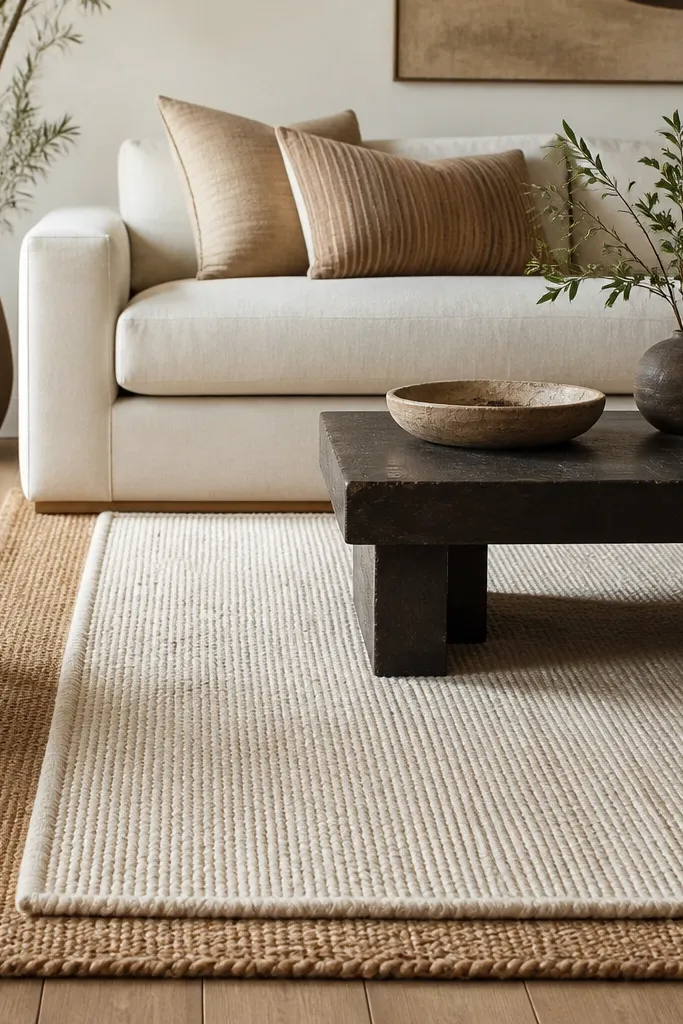 A layered look: a natural jute blend rug as the base with a smaller cream woven rug layered on top. The layered rugs sit under a coffee table and in front of a light sofa.