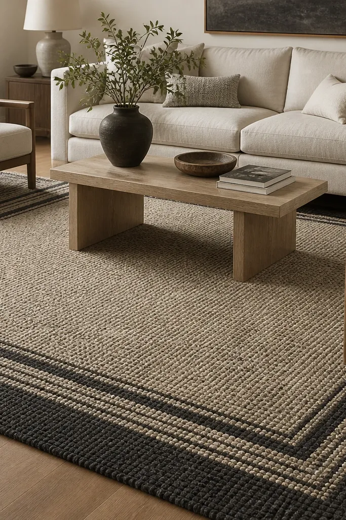 A hand-hooked style rug with visible loop texture. The colors are oat and charcoal with a simple border pattern, placed under a neutral sofa and side chairs.