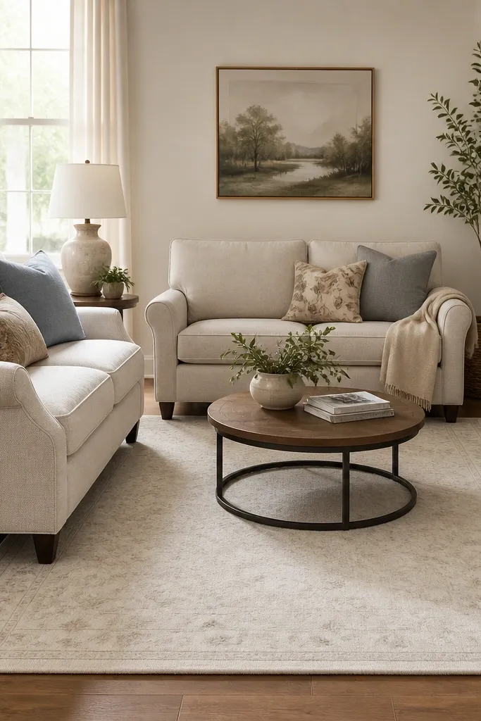 A cream rug with very subtle patterning and a soft border, shown in a smaller living room. The rug covers the front legs of a compact sofa and a loveseat.