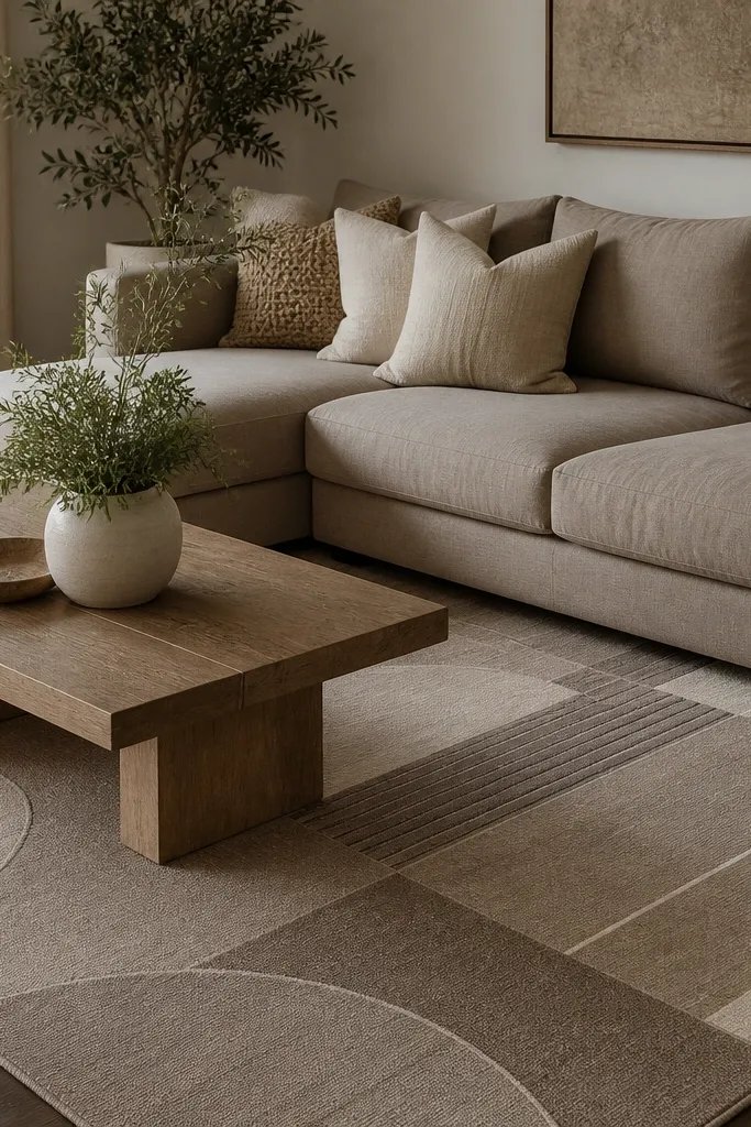 A warm taupe geometric rug with clean shapes and muted lines. The rug sits under a taupe linen couch with light beige pillows and a wood coffee table.