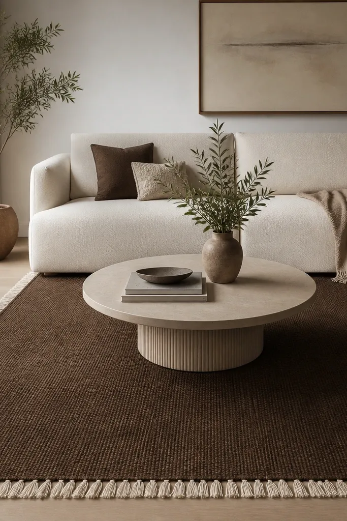 A chocolate brown rug with cream fringed ends, shown in front of a light sofa. The fringe is visible along the rug's edges, and the coffee table sits centered over the rug.
