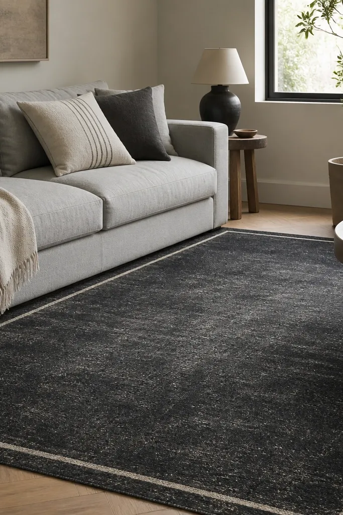 A washed black rug with a cream border line, placed under a light gray sofa. The rug looks slightly faded and textured, with a narrow border that frames it.