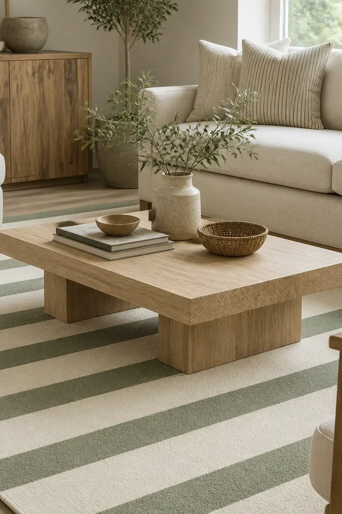 A cream rug with soft sage green stripes. The stripes are medium width and spaced evenly, and the rug is placed beneath a light wood coffee table and neutral seating.