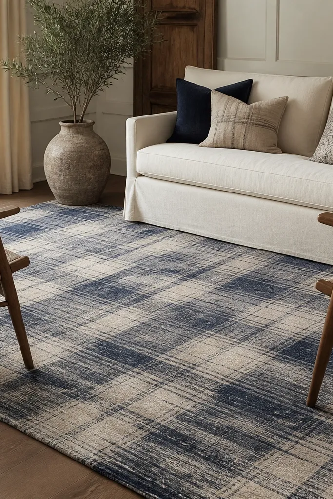 A navy and cream plaid rug with a worn, softened look. It covers the seating area under a cream sofa and two wooden chairs.