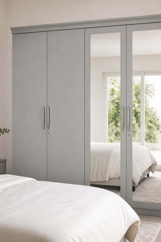 A tall Godrej-style almirah in soft grey with two mirrored shutter panels on the right side, clean vertical handles, and a thin top trim. The left side has plain grey shutters with a subtle grain texture. A bed with white bedding sits in front, and the room looks brighter from the mirror reflection.