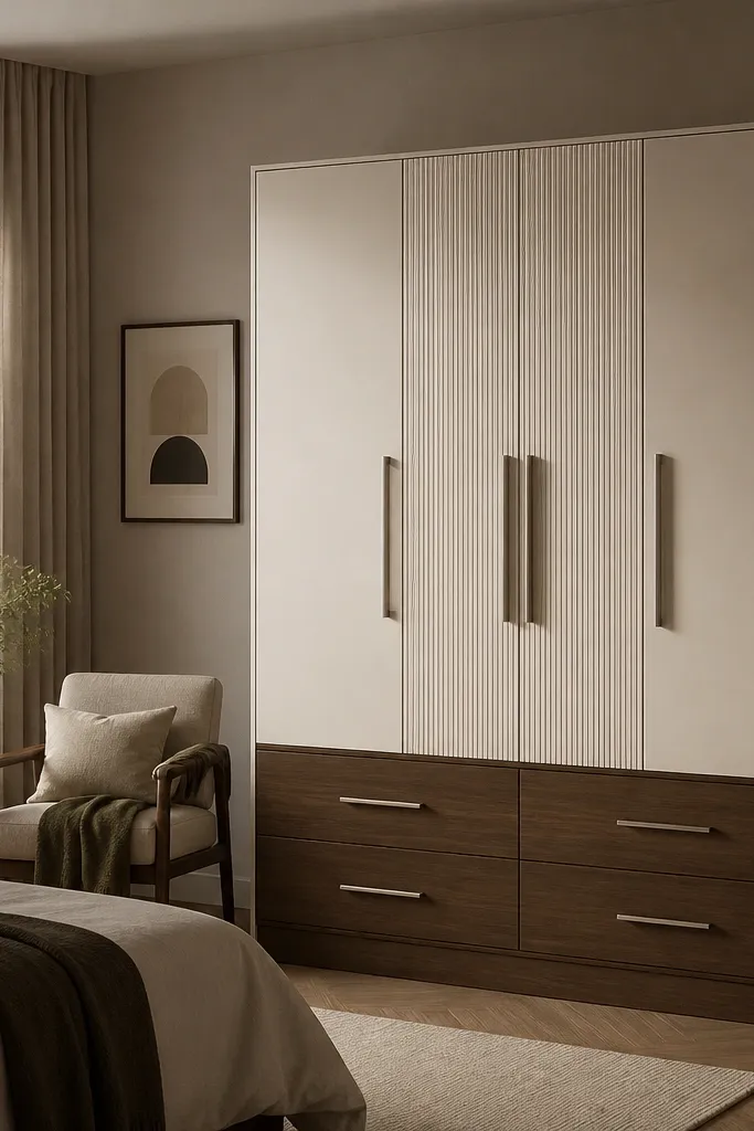 A Godrej almirah with ivory upper shutters and a walnut-brown base section. The middle has slim vertical grooves, and the handles are brushed metal. The bottom area has drawers with a darker walnut finish, and the top section looks lighter and airy.