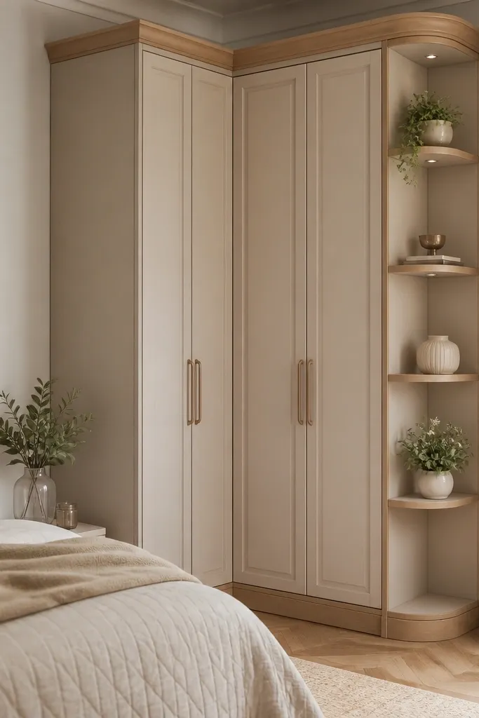 An almirah placed along a corner wall with one side facing the bed and the other side tucked into the adjacent wall. It has paneled shutters and a small corner display shelf section. The color is warm beige with light wood trims.