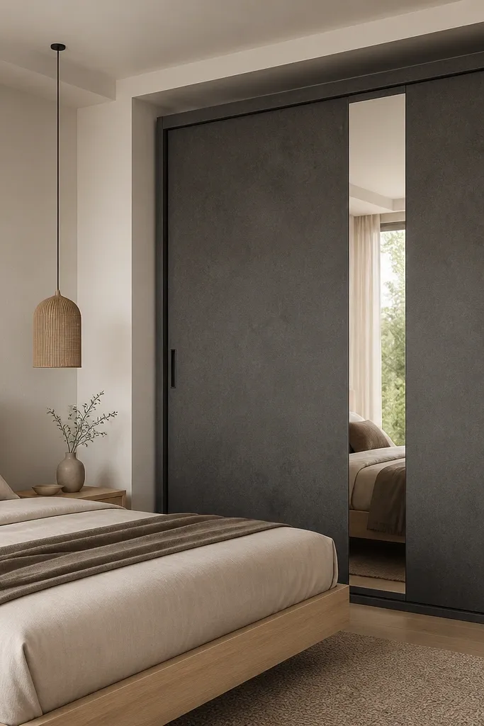 A tall sliding-door almirah in textured charcoal grey with two large sliding panels. The handles are minimal and recessed. A slim mirror strip runs vertically on one panel. The bed is light wood with neutral bedding.