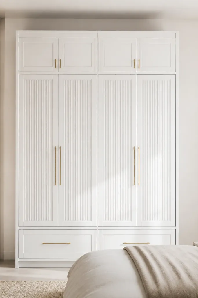A bright white almirah with fluted vertical paneling on the shutter fronts. The top section has simple framed panels, and the bottom has two drawers. Handles are slim and gold-toned. The surrounding wall is off-white.
