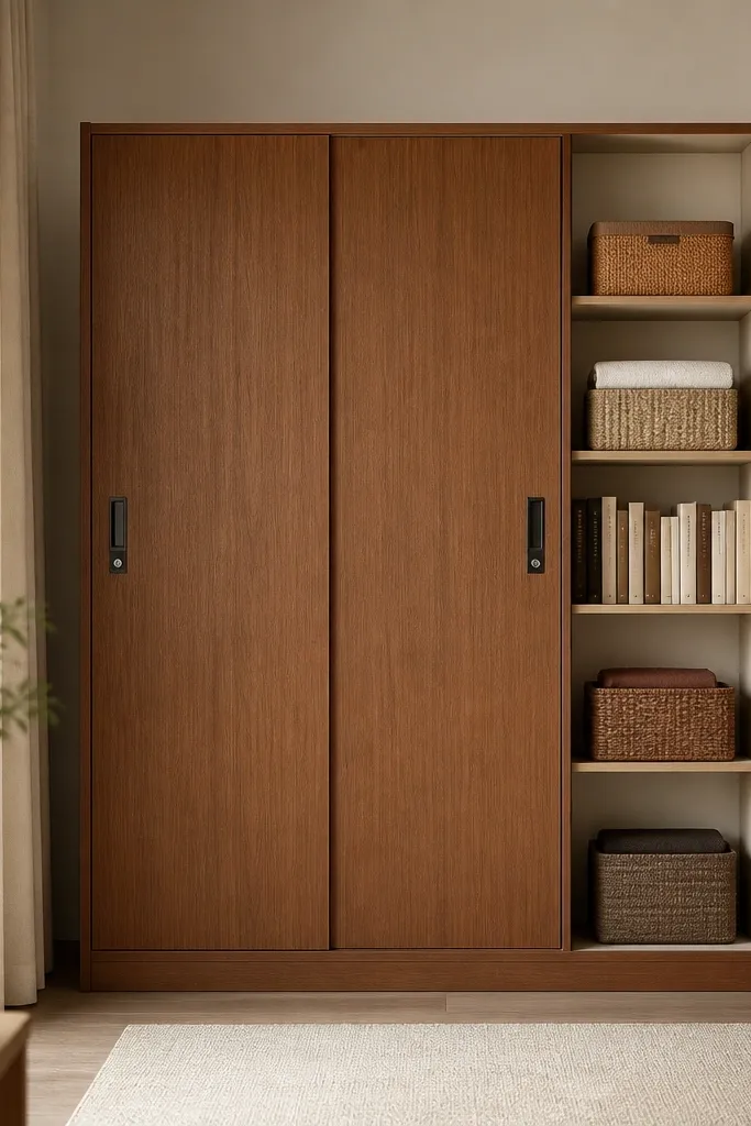 A Godrej-style wardrobe with two closed shutter bays on the left and a vertical open shelf section on the right. The open shelves show neatly arranged folded baskets and one row of books. The frame is warm brown with a light cream interior visible behind shelves.