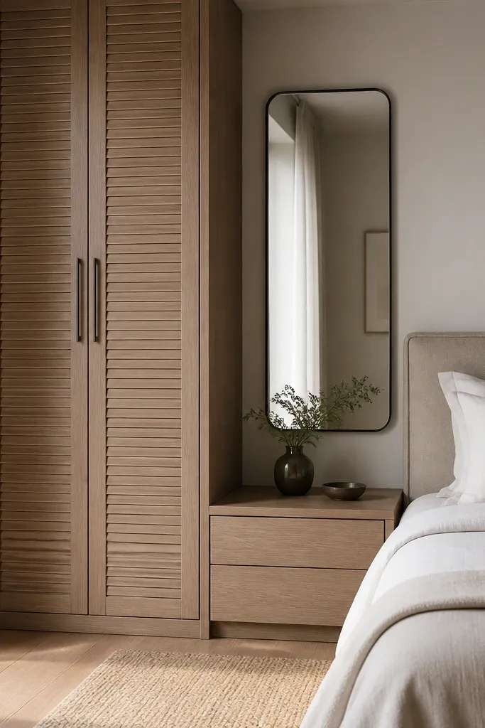 An almirah that sits beside the bed and has a slim dresser drawer section at the bottom, aligned with the height of a bedside table. The upper portion has shutters with a subtle wood grain. A wall mirror is placed above the dresser area.