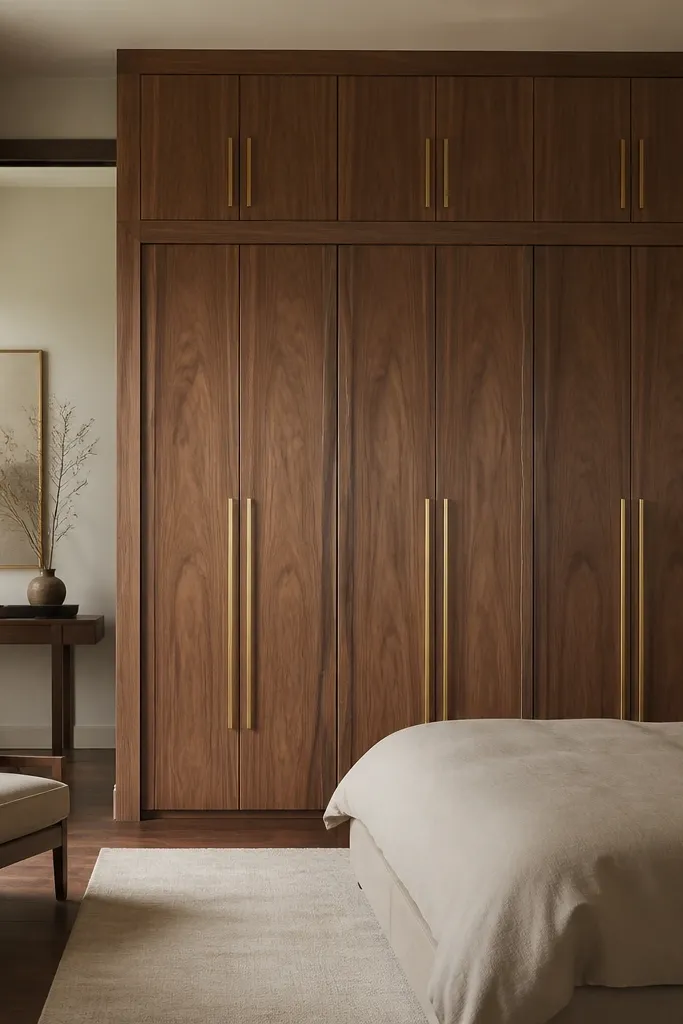 A walnut veneer wardrobe with warm brown tone and a satin finish. The shutter fronts have long vertical brass handle pulls. The wardrobe has a top cabinet section and a middle hanging area under a framed panel. The room has walnut flooring and a cream rug.