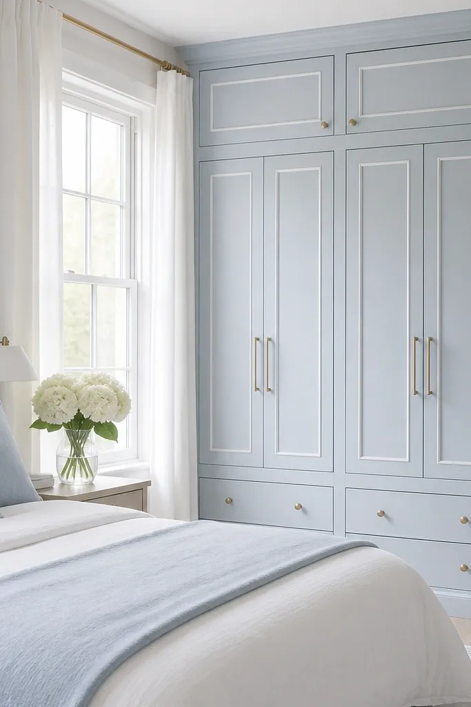 A pastel blue wardrobe with white framed panel lines around the shutters. The handles are white or light brass. The top section has two compartments, and the bottom has drawers. The bedding is white with light blue accents.