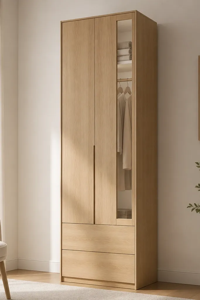 A slim Godrej almirah that looks narrow but tall. The lower section has two wide drawers and the upper section has a single hanging rail area behind shutters. The finish is light oak with a white interior visible through a small side panel.
