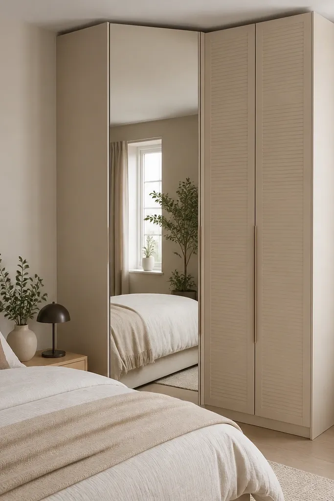 A corner wardrobe in soft beige with a mirrored panel on one face. It has simple shutter panels on the other face and a slim vertical handle line. The bed is positioned near the corner, and the mirror reflection shows part of the room.