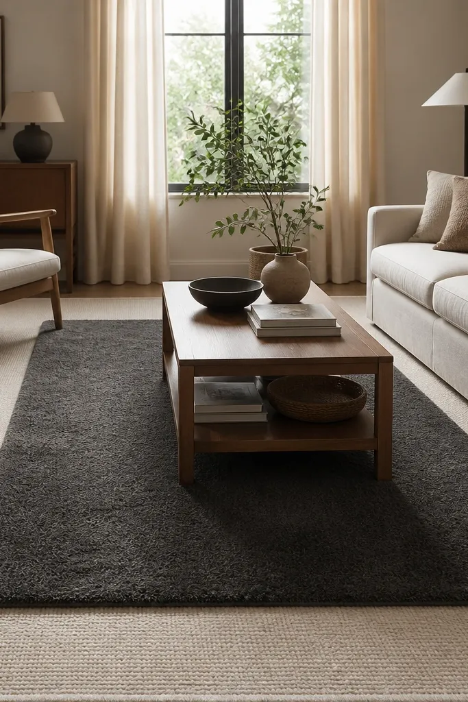 A small living room floor shows a cream flatweave rug filling most of the space. A charcoal medium-pile rectangular rug sits centered under the coffee table. A slim border of cream is visible on all sides.