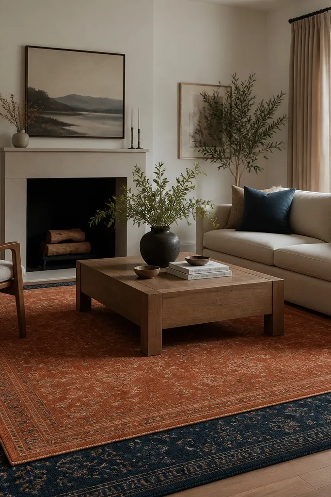 A navy patterned rug covers the room. On top, a rust terracotta rug sits slightly offset, showing navy border around it. The coffee table is centered on the rust rug.