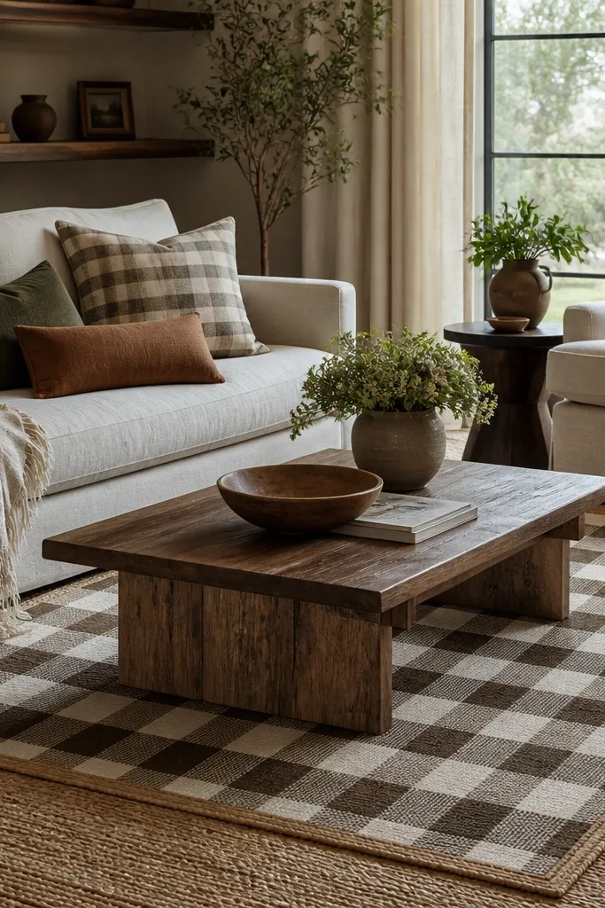 A natural jute rug covers the floor. A small wool checkered rug sits on top under the coffee table, with a thin jute border visible. The check pattern angles slightly relative to the room.
