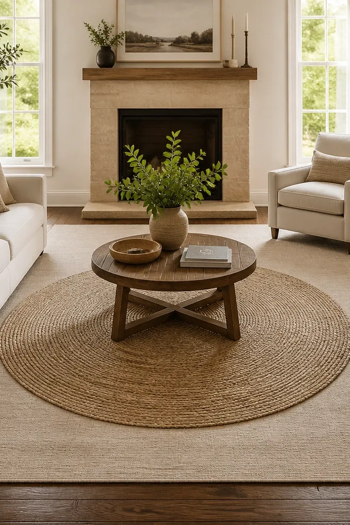 A rectangular neutral rug fills the living room. Centered on top is a round sisal-like rug with a slightly darker tone, creating a halo of the rectangle around it.