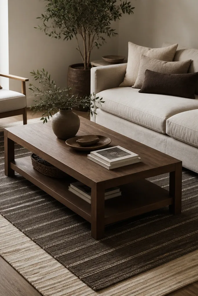 A light neutral striped rug is underneath. A darker stripe rug sits on top, slightly offset, with the lighter stripes visible as a border. The coffee table sits centered on the darker stripe.