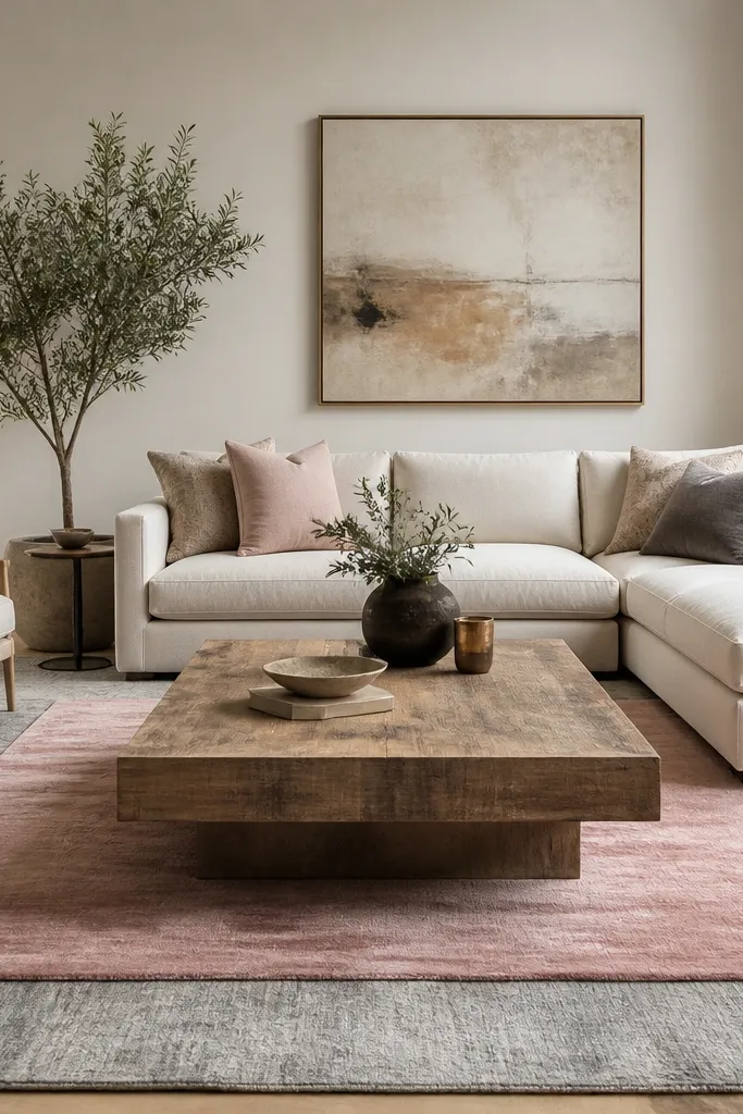 A large gray rug anchors the room. A pink runner rug is layered on top, running horizontally under the coffee table area, with gray visible on both sides.