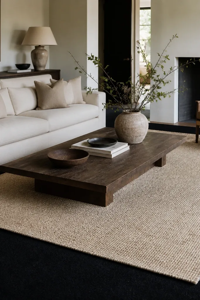 A black low-pile rug covers the floor. A textured oat-colored rug sits on top, creating a high-contrast border. The coffee table sits over the oat layer.