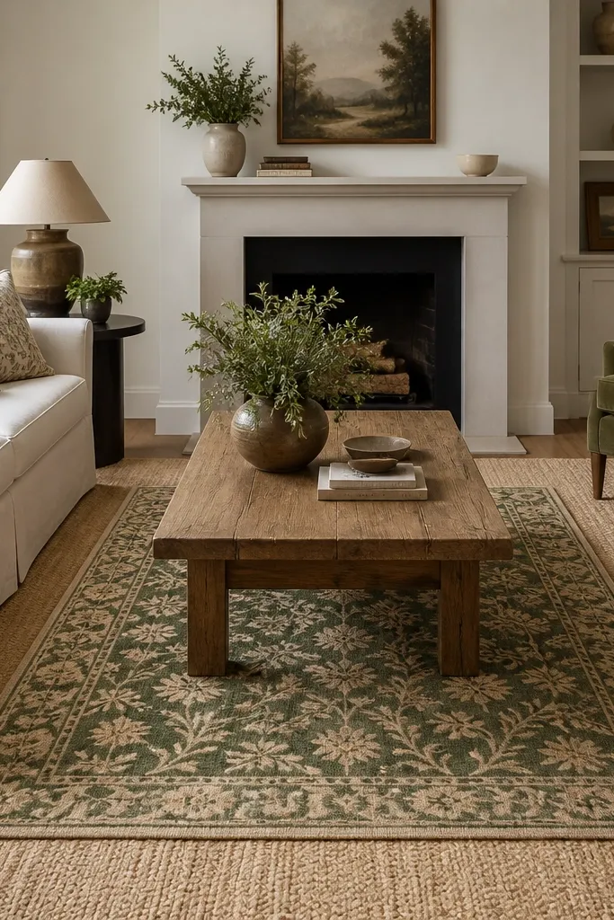 A neutral flatweave rug fills the room. A green botanical-pattern rug sits centered and slightly smaller underneath the coffee table, showing neutral border around it.