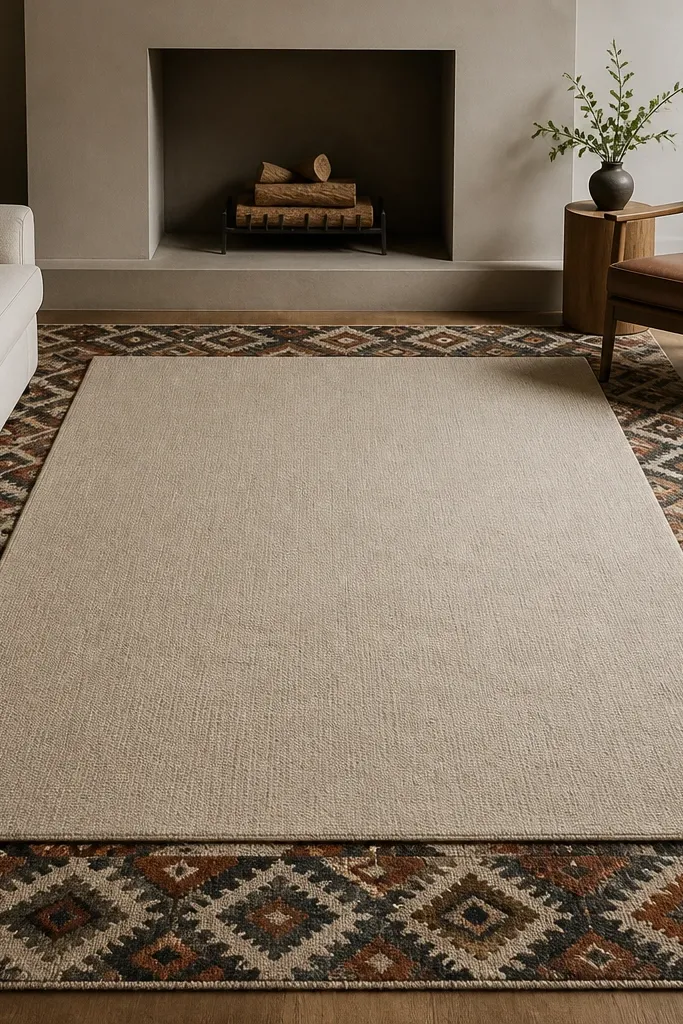 A patterned wool-style rug with diamond motifs sits underneath. A solid neutral rug is layered on top, centered, leaving patterned border visible.