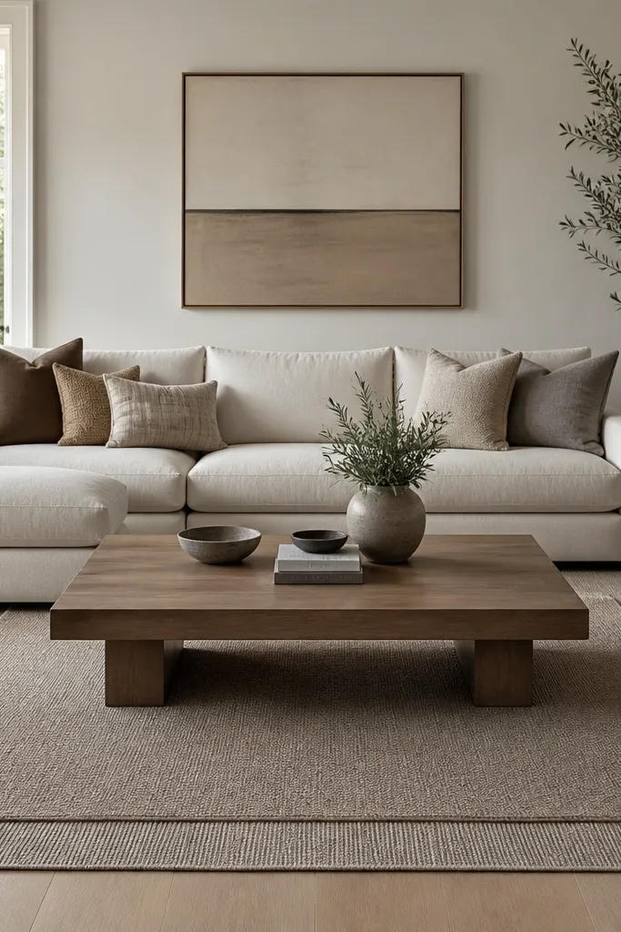 A flatweave rug in taupe sits underneath. On top is a low-loop taupe rug with a slightly different shade and texture, creating a subtle tonal border. The coffee table sits centered.